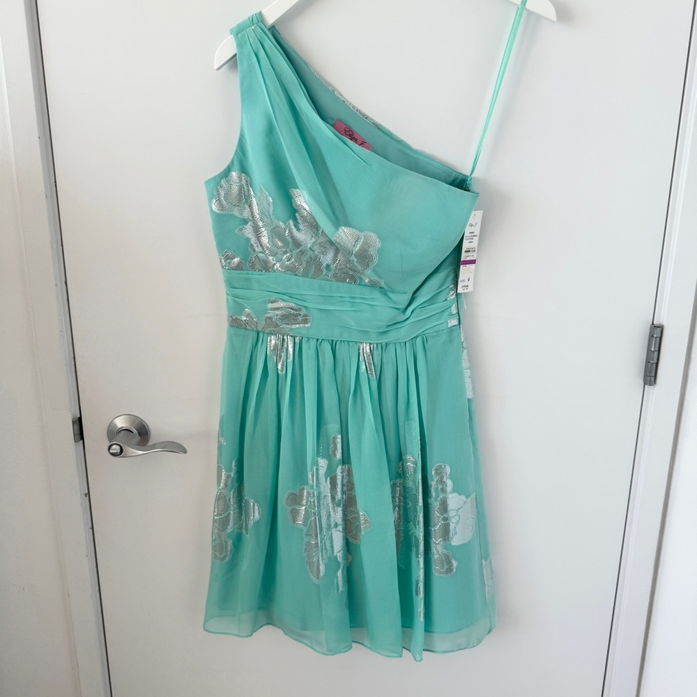 Eliza J Missy Special Occasion One Shoulder Silk Dress Size 6 in Aqua NWT